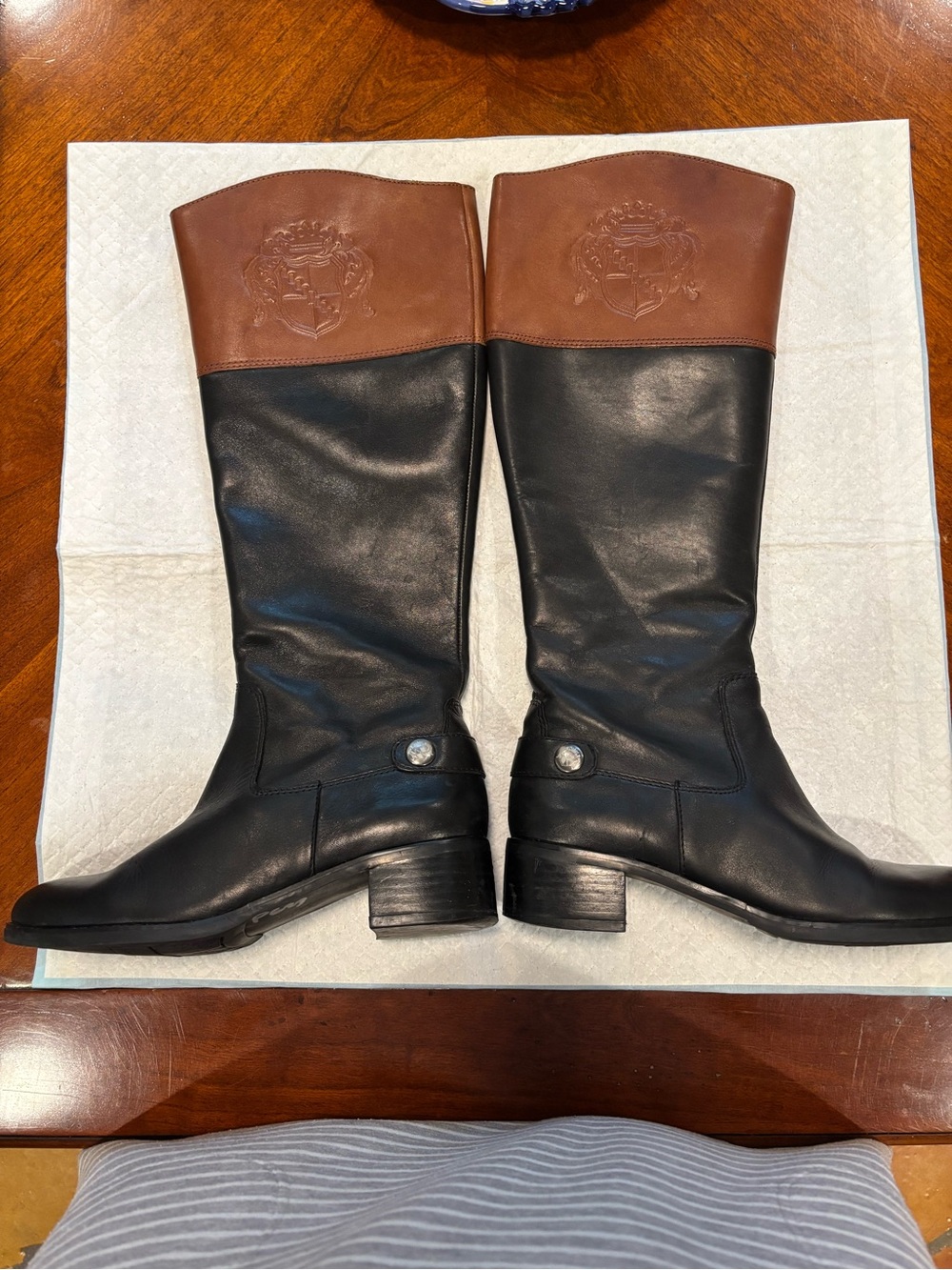 Franco Sarto Black and Brown Two-Tone Riding Boots with Embossed Crest